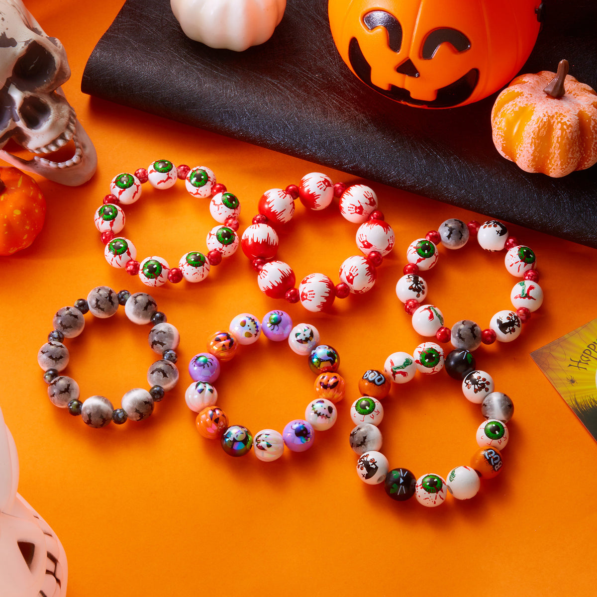 Halloween Beaded Necklace & Bracelet — Ghost, Bat, Pumpkin & BOO
