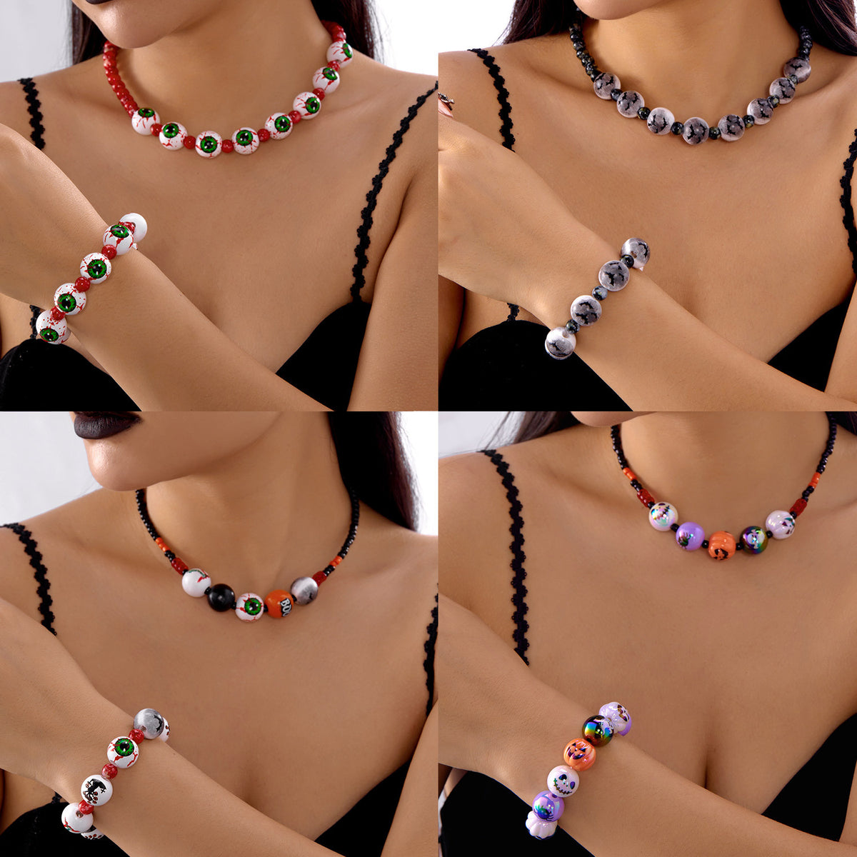 Halloween Beaded Necklace & Bracelet — Ghost, Bat, Pumpkin & BOO