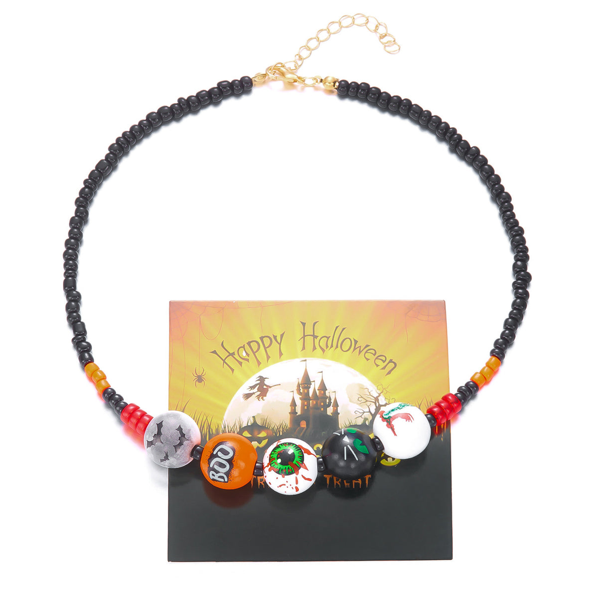 Halloween Beaded Necklace & Bracelet — Ghost, Bat, Pumpkin & BOO