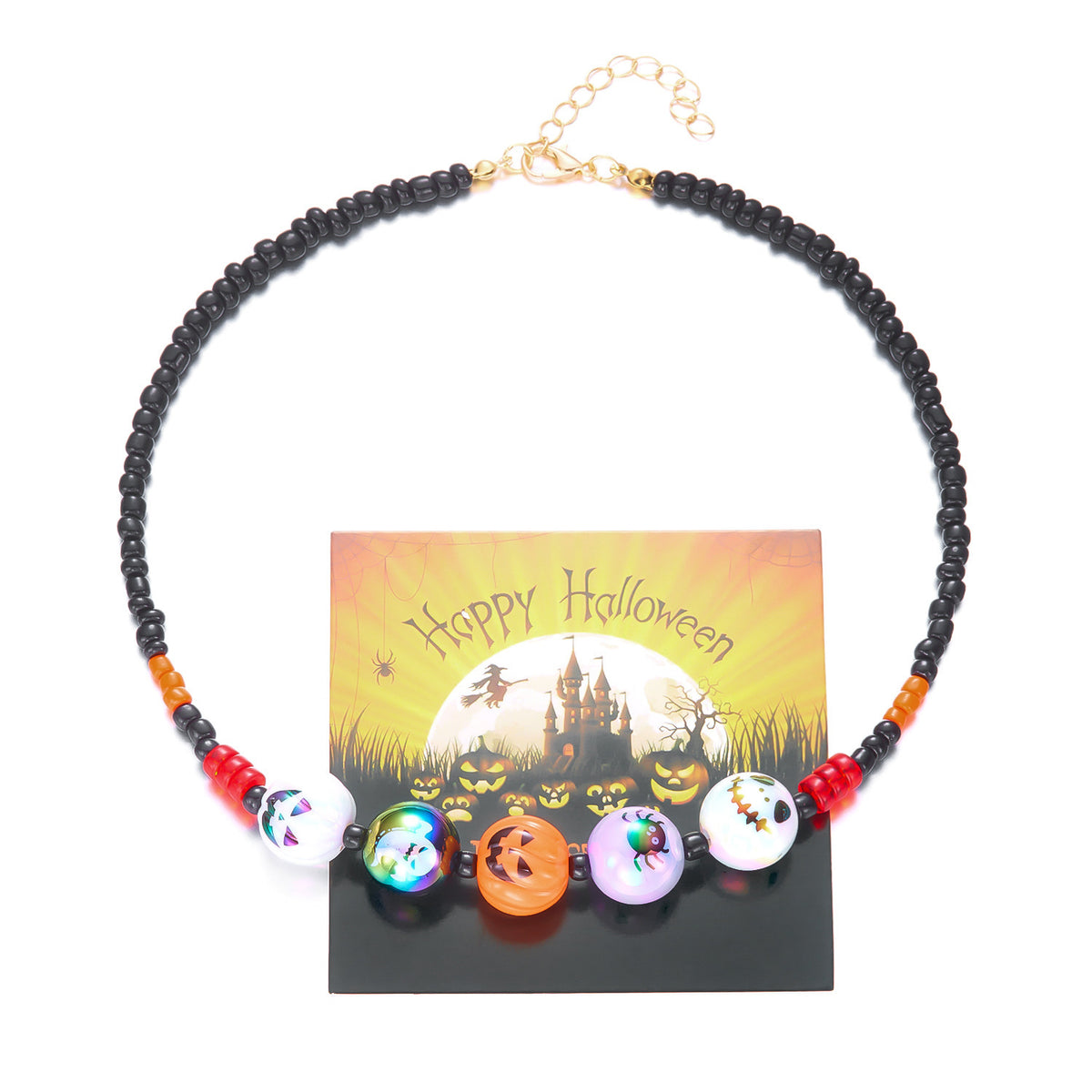 Halloween Beaded Necklace & Bracelet — Ghost, Bat, Pumpkin & BOO