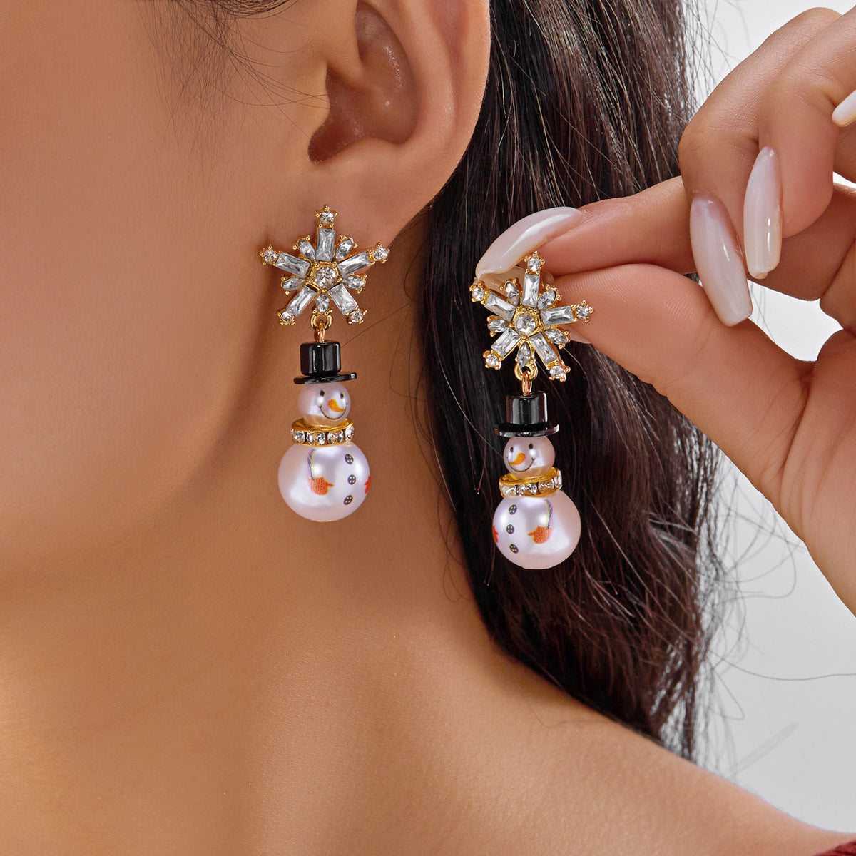 Snowman & Snowflake Earrings — Gold-Plated with Faux Pearl