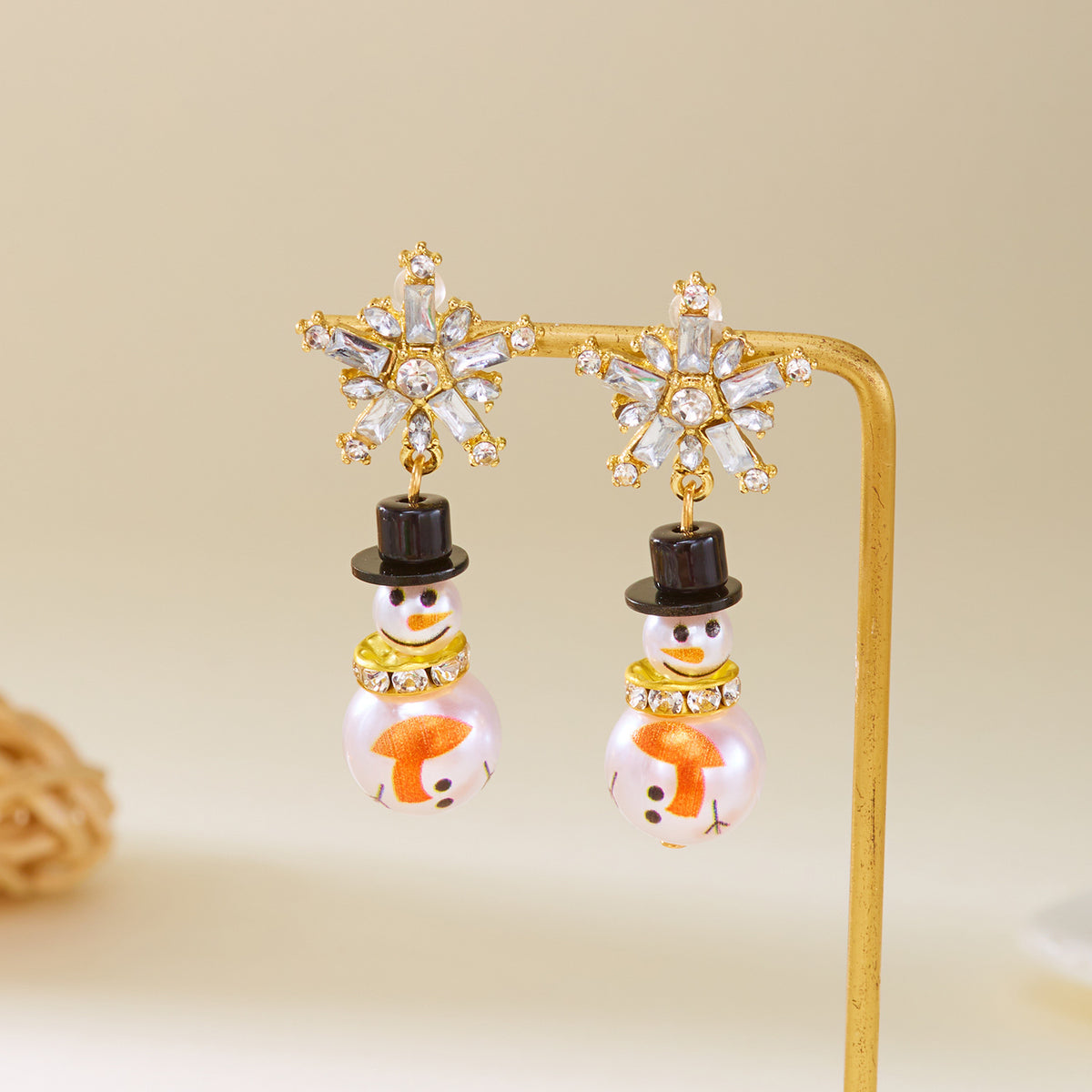 Snowman & Snowflake Earrings — Gold-Plated with Faux Pearl