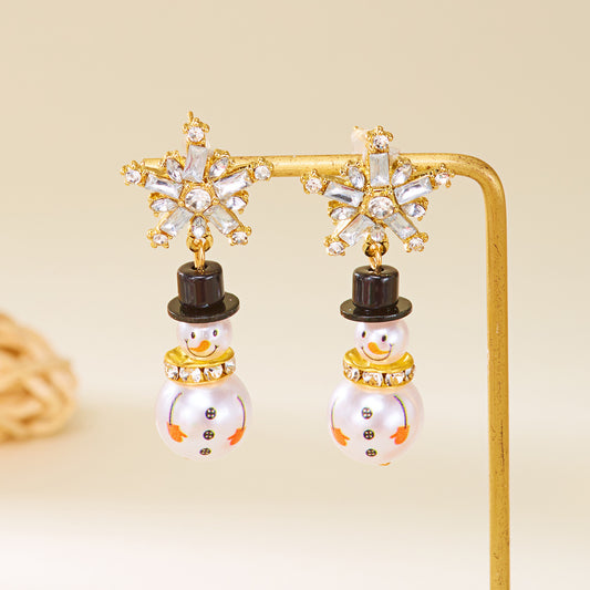 Snowman & Snowflake Earrings — Gold-Plated with Faux Pearl