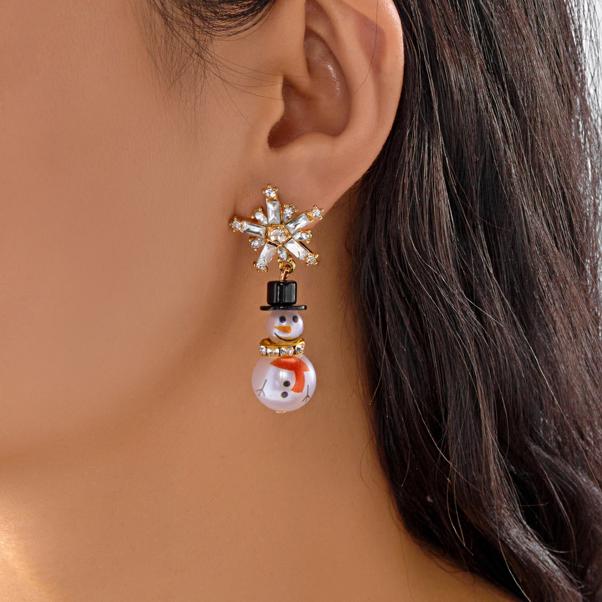 Snowman & Snowflake Earrings — Gold-Plated with Faux Pearl