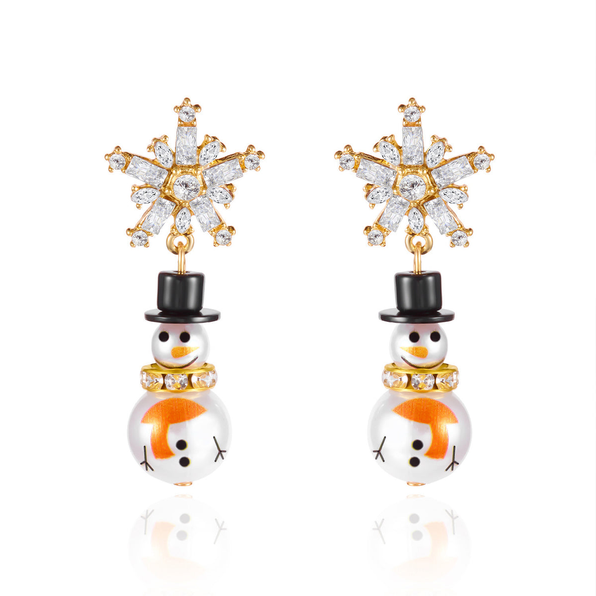 Snowman & Snowflake Earrings — Gold-Plated with Faux Pearl