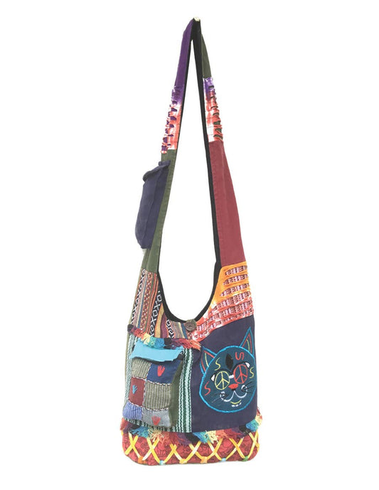 Funny Cat with Glass Patchwork Cotton Hobo Bag