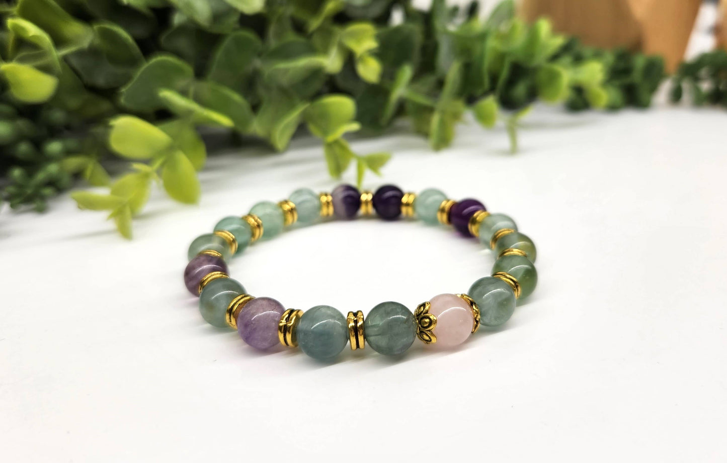 INNER PEACE - Rainbow Fluorite/Rose Quartz(center) 8mm,7.5"L
