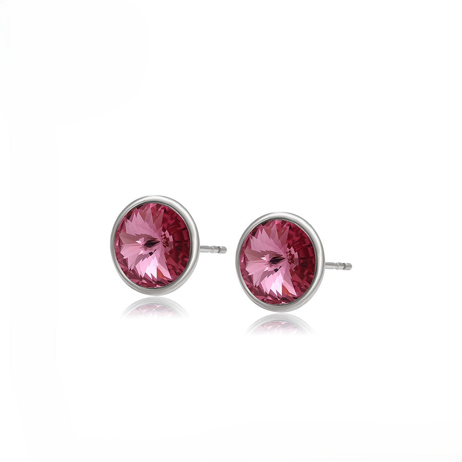 Silver Round Pink Crystal Stud Earrings - Elegant Gem Earrings