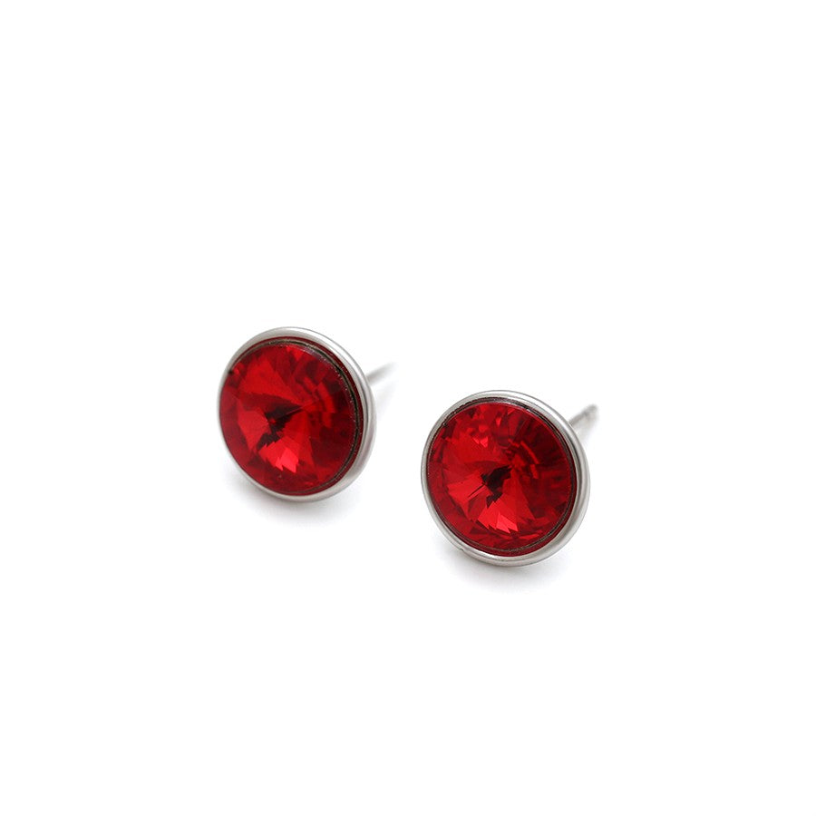 Silver Round Pink Crystal Stud Earrings - Elegant Gem Earrings