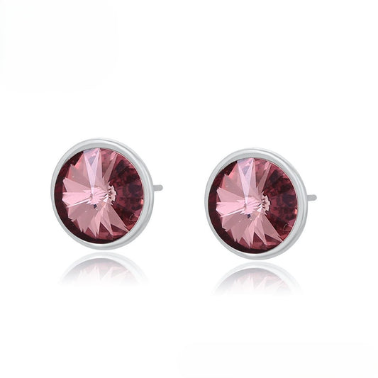 Silver Round Pink Crystal Stud Earrings - Elegant Gem Earrings