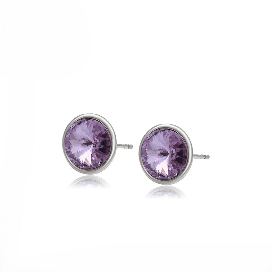Silver Round Pink Crystal Stud Earrings - Elegant Gem Earrings