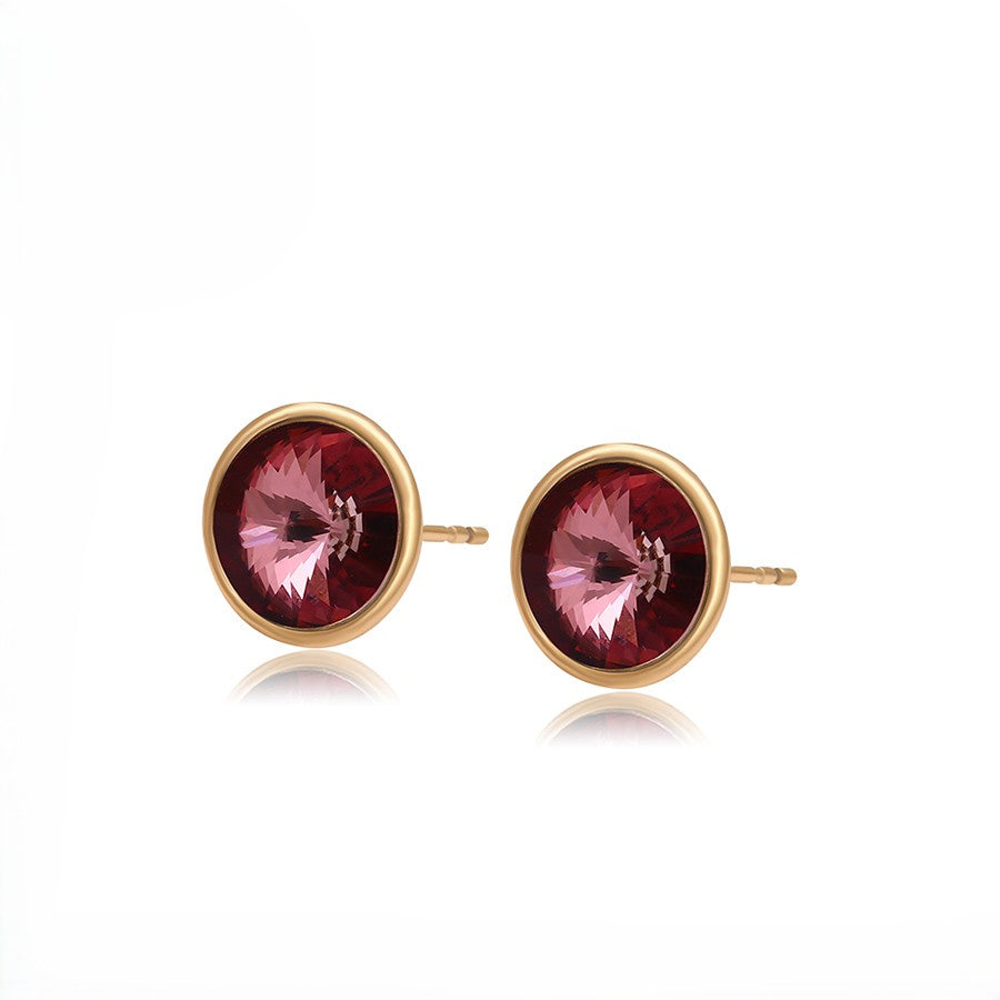Silver Round Pink Crystal Stud Earrings - Elegant Gem Earrings