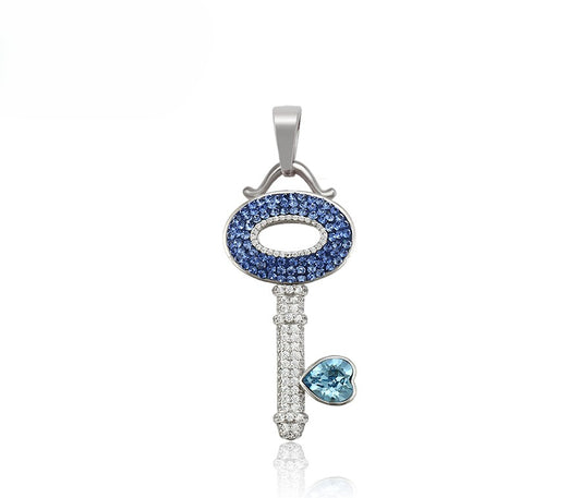 Crystal Key Charm in Sterling Silver with Blue Heart Accent