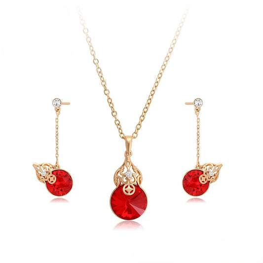 18K Gold Plated Red Crystal Gourd Pendant Necklace & Drop Earrings Set