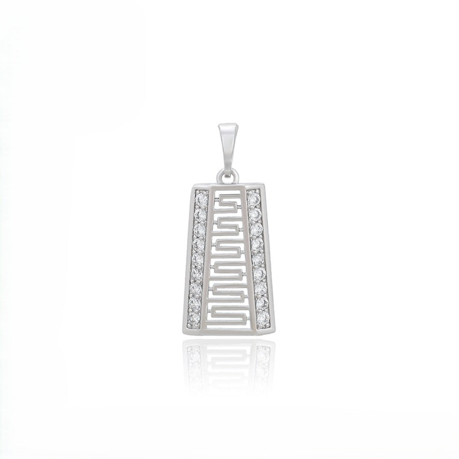 Greek Key Geometric Pendant | Platinum Plated Openwork Meander Pattern Crystal Border Charm