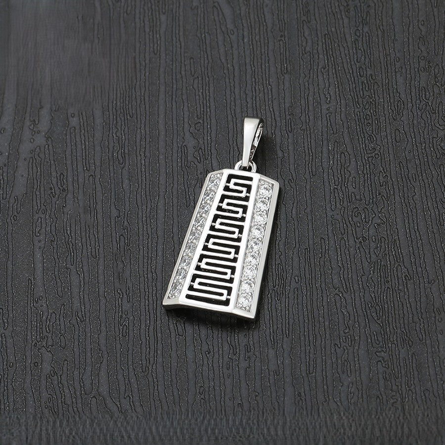 Greek Key Geometric Pendant | Platinum Plated Openwork Meander Pattern Crystal Border Charm