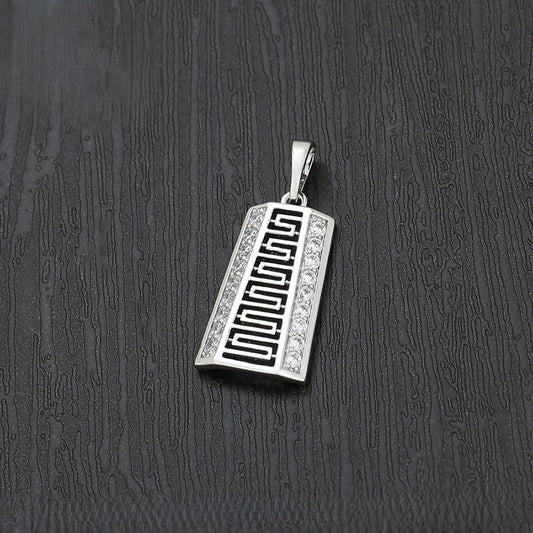 Greek Key Geometric Pendant | Platinum Plated Openwork Meander Pattern Crystal Border Charm