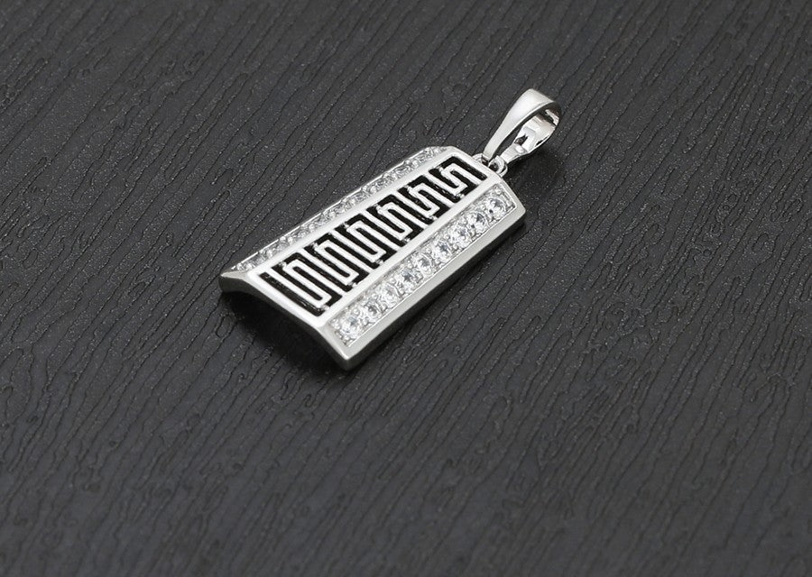 Greek Key Geometric Pendant | Platinum Plated Openwork Meander Pattern Crystal Border Charm