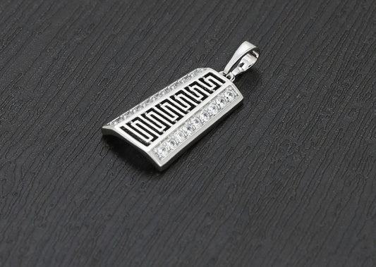 Greek Key Geometric Pendant | Platinum Plated Openwork Meander Pattern Crystal Border Charm