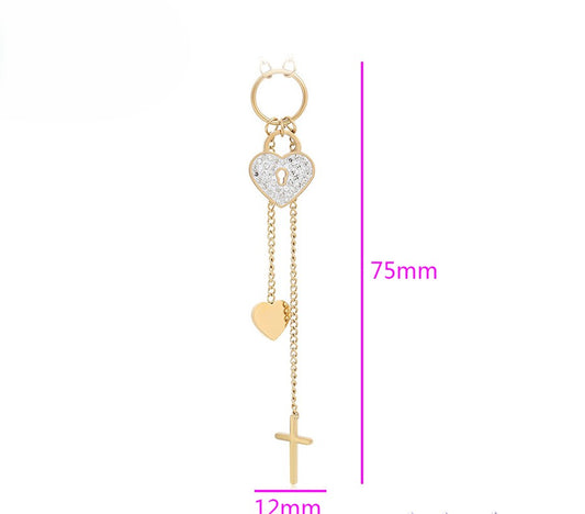 14K gold Plated - Heart Lock, Heart, and Cross Charm Layered Necklace