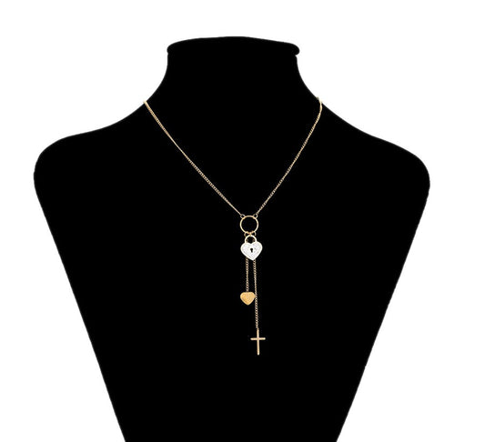 14K gold Plated - Heart Lock, Heart, and Cross Charm Layered Necklace