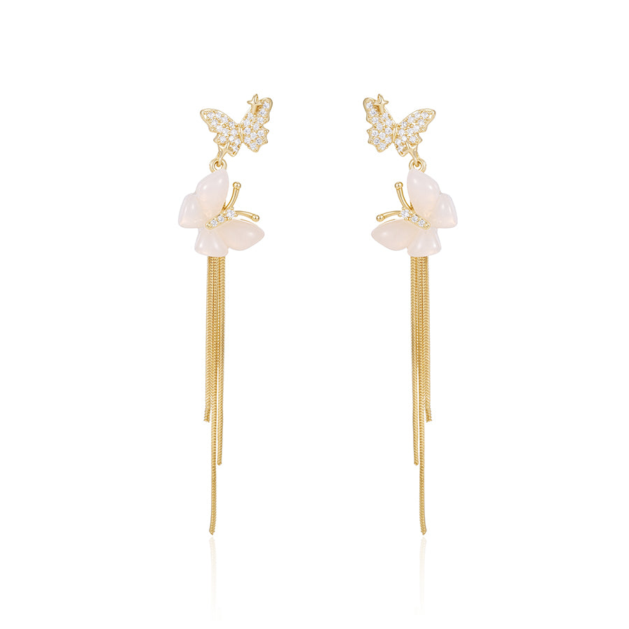 Enchanted Pearl Butterfly Tassel Earrings | 14K Gold Pave Crystal Dual-Layer Linear Dangle Earrings