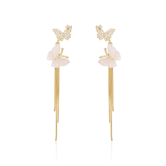 Enchanted Pearl Butterfly Tassel Earrings | 14K Gold Pave Crystal Dual-Layer Linear Dangle Earrings