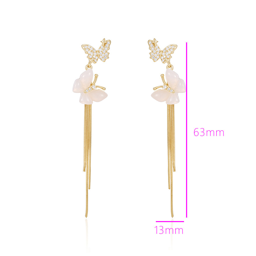 Enchanted Pearl Butterfly Tassel Earrings | 14K Gold Pave Crystal Dual-Layer Linear Dangle Earrings