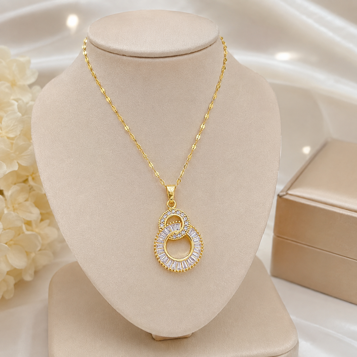 Double Interlocking Ring Pendant Necklace — Gold Crystal