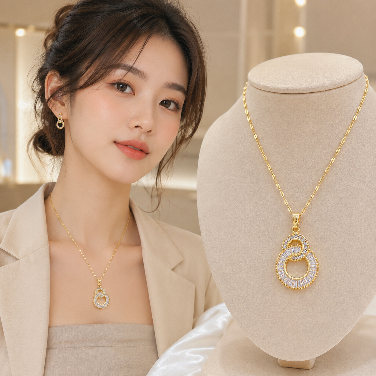 Double Interlocking Ring Pendant Necklace — Gold Crystal
