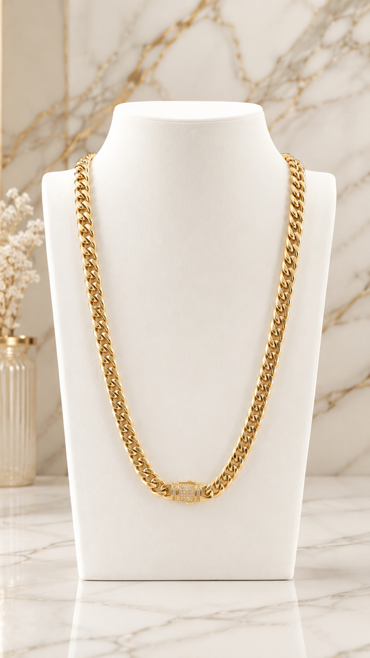 Men's Gold Stainless Steel Cuban Link Chain with Iced Out CZ Clasp
