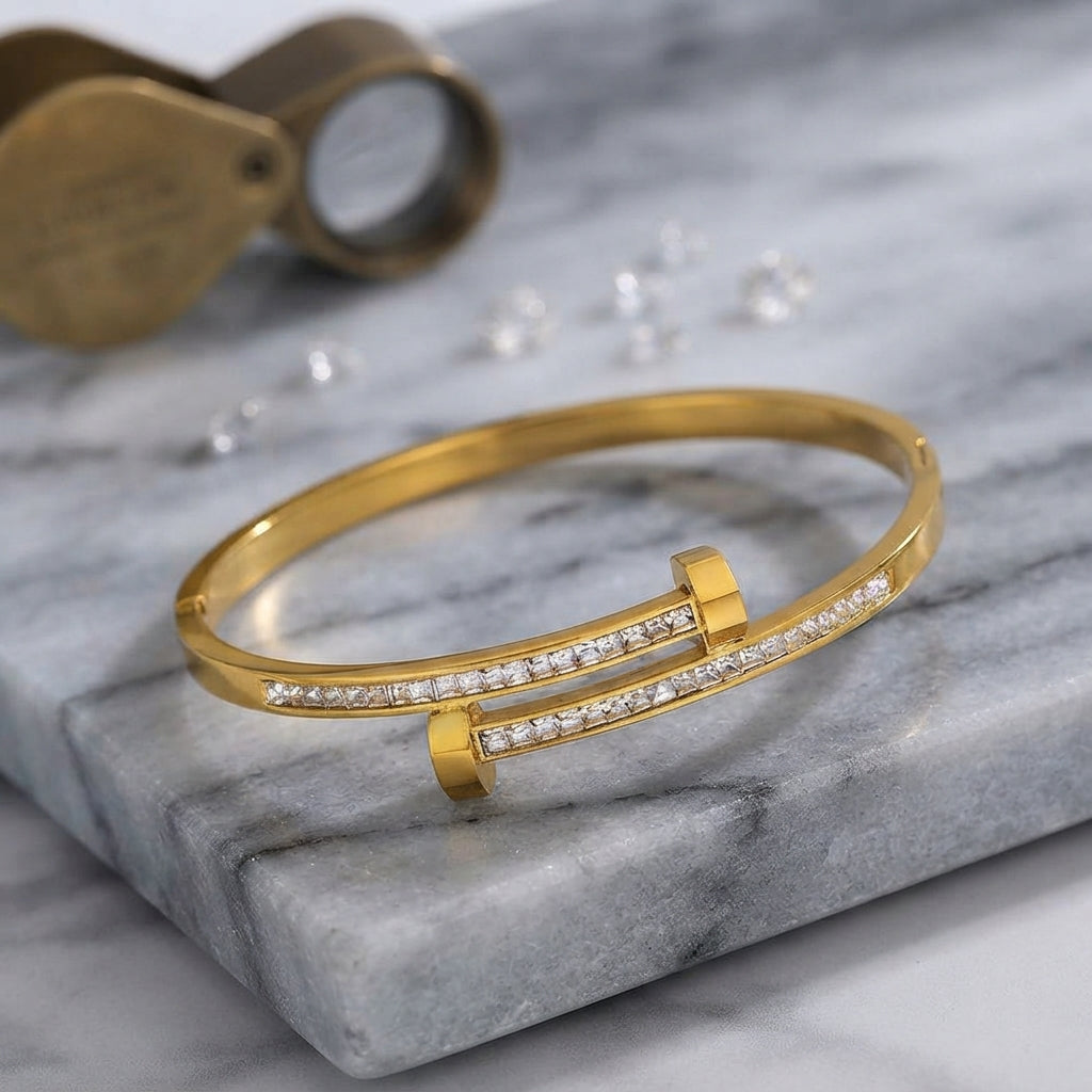 Designer-Inspired Crystal Nail Bangle Bracelet in Sterling Silver/  Gold Plated Finish