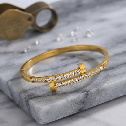 Designer-Inspired Crystal Nail Bangle Bracelet in Sterling Silver/  Gold Plated Finish