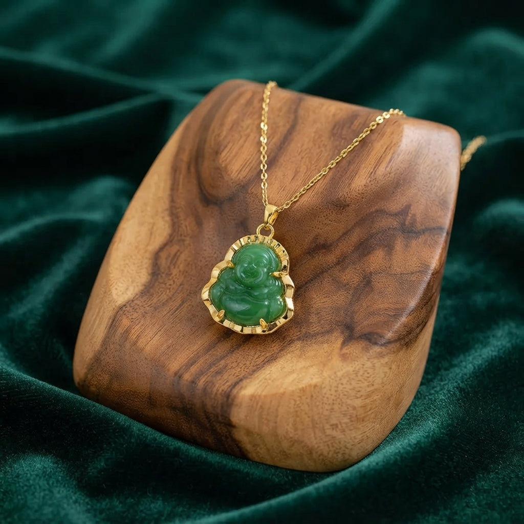 Laughing Buddha Pendant Necklace — Gold & Jade