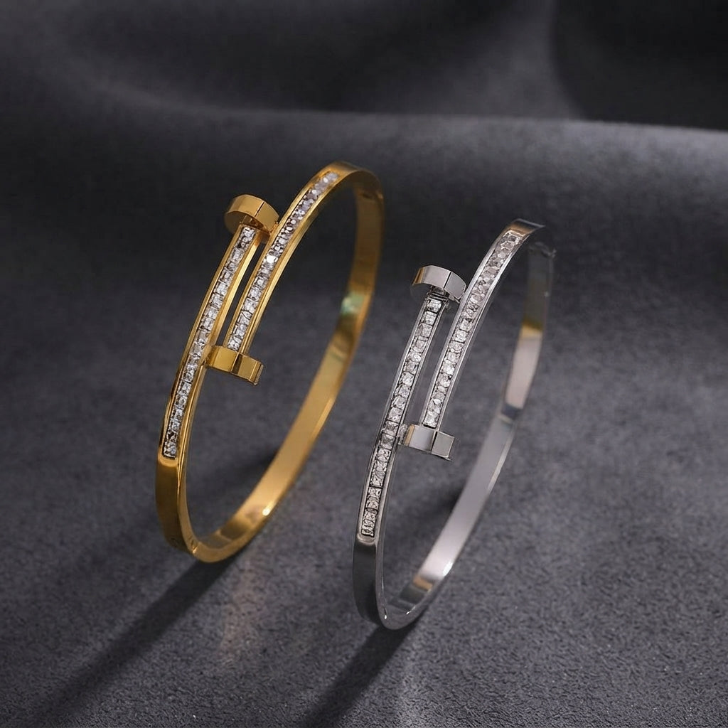Designer-Inspired Crystal Nail Bangle Bracelet in Sterling Silver/  Gold Plated Finish