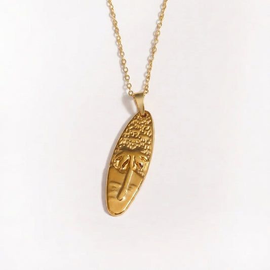 Tropical Surfboard Pendant Necklace - Gold Unisex Beach Pendant