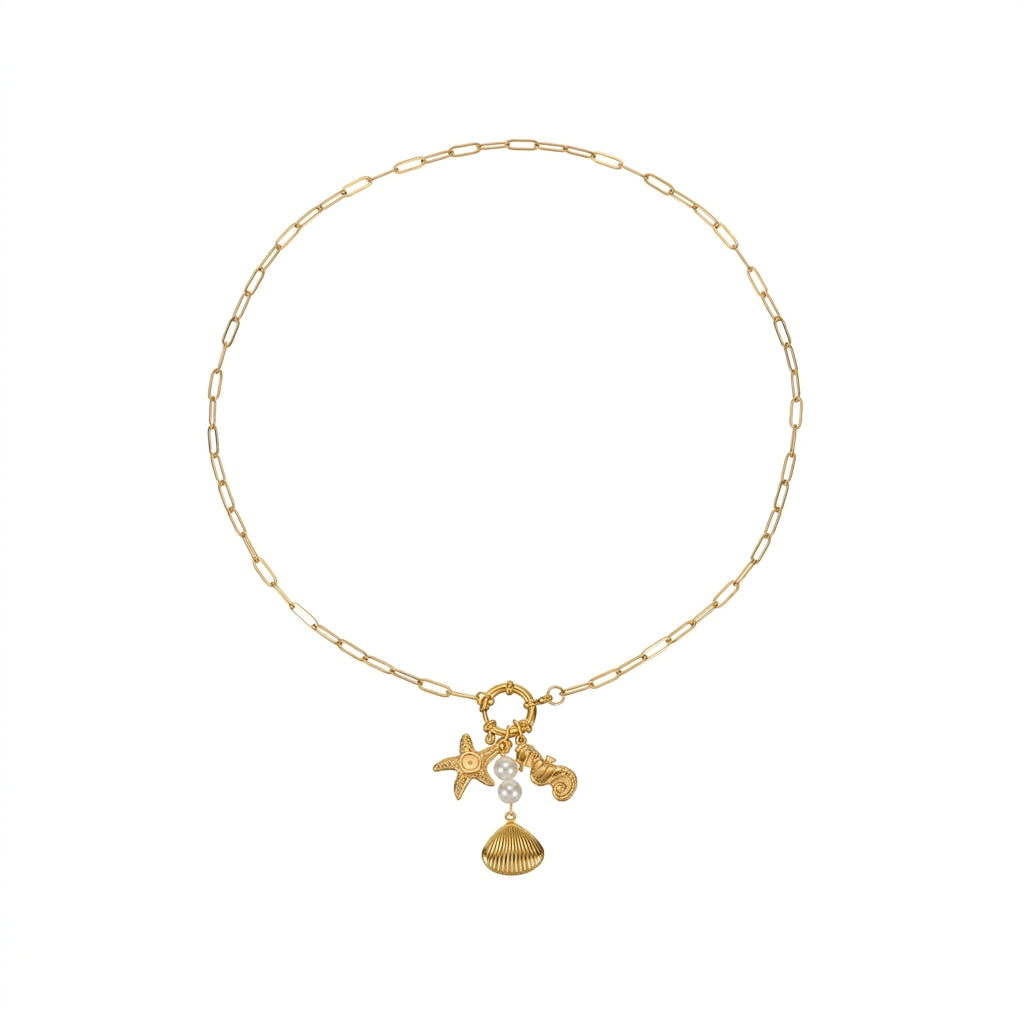 Ocean Charm Necklace — Starfish, Shell & Fish Pendant, Gold Plated