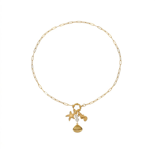 Ocean Charm Necklace — Starfish, Shell & Fish Pendant, Gold Plated