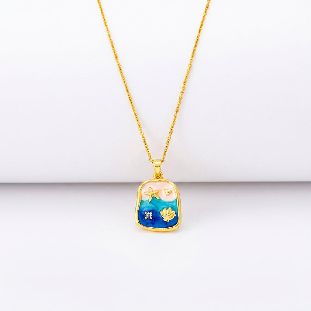 Blue Enamel Starfish Necklace — Ocean Shell Pendant