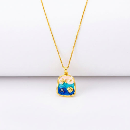 Blue Enamel Starfish Necklace — Ocean Shell Pendant