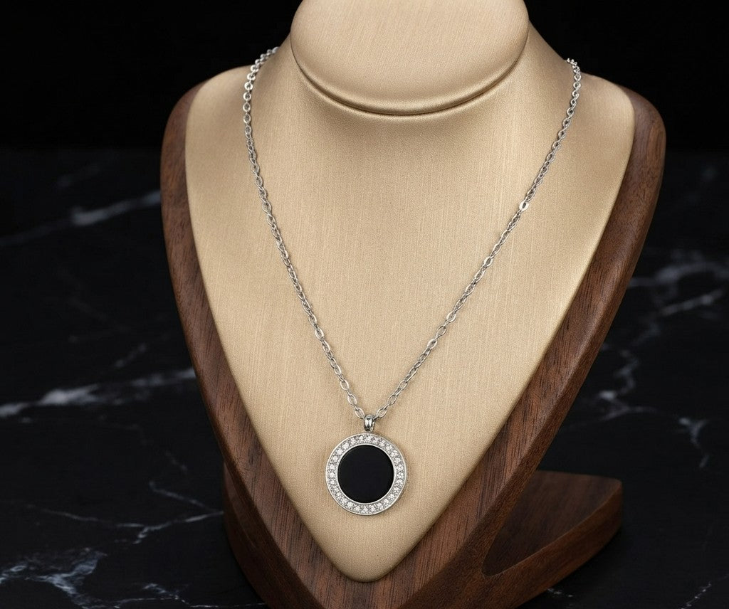 Round Black Agate Pendant Necklace