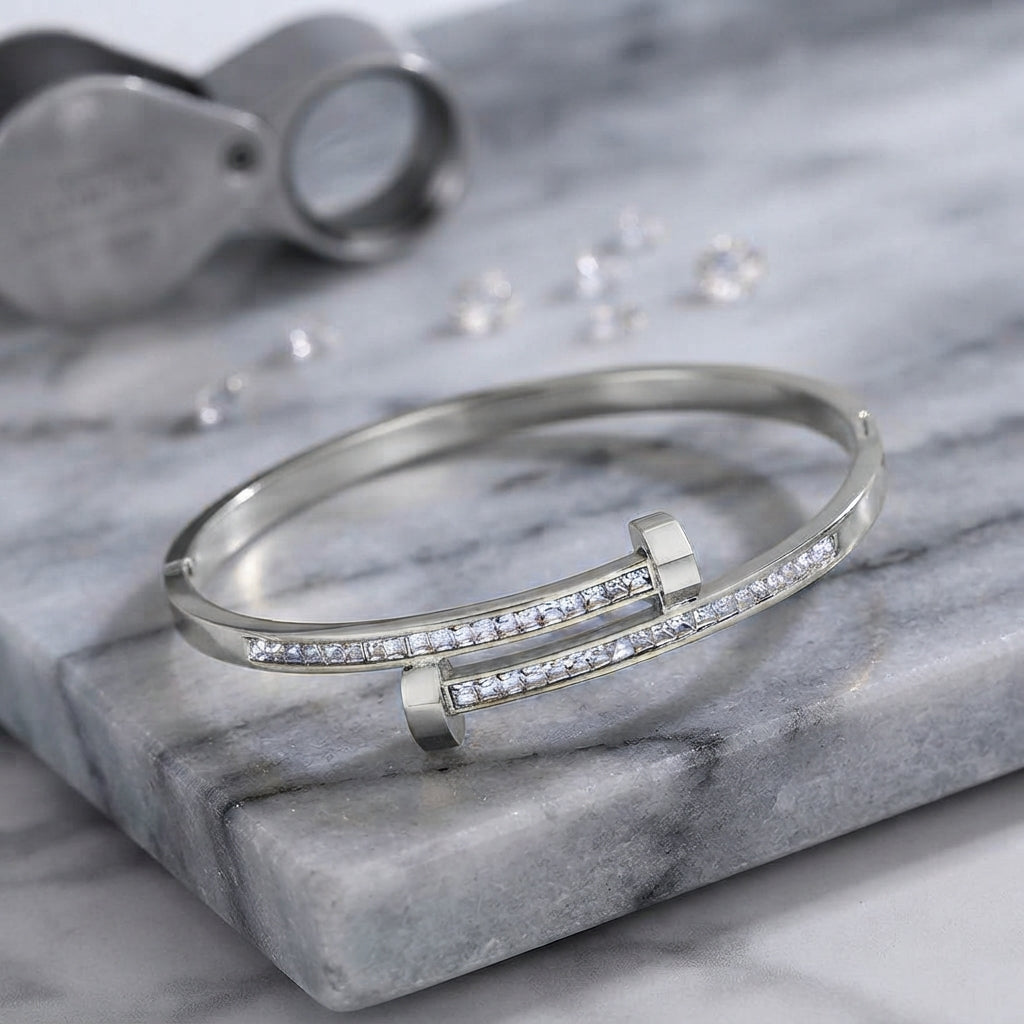 Designer-Inspired Crystal Nail Bangle Bracelet in Sterling Silver/  Gold Plated Finish