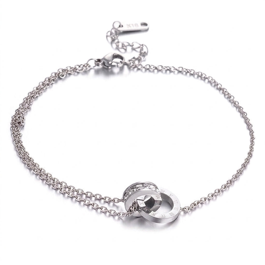 Silver/ Gold Interlocking Ring Bracelet with Roman Numerals & Crystal Accents – Double Strand Chain