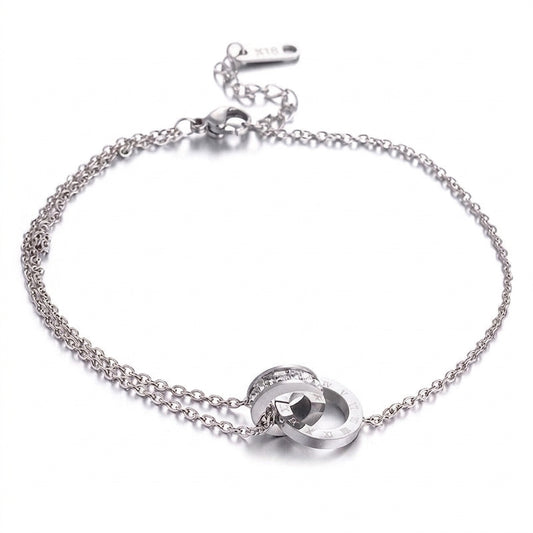 Silver/ Gold Interlocking Ring Bracelet with Roman Numerals & Crystal Accents – Double Strand Chain