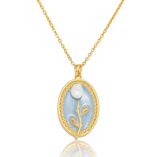 Tulip Flower Necklace — Vintage Blue Enamel Pearl Pendant