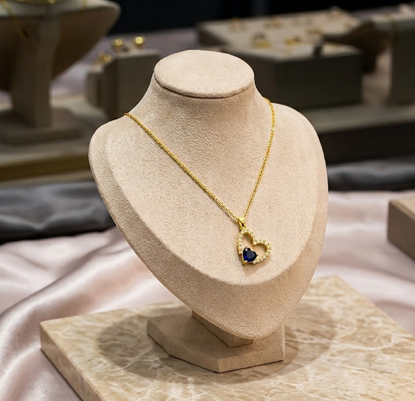 Gold Heart Pendant Necklace — Blue Crystal Accents