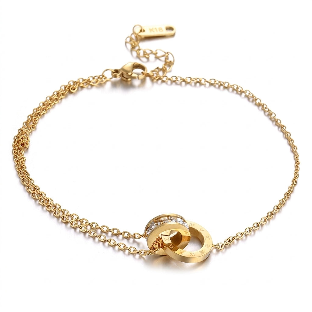 Silver/ Gold Interlocking Ring Bracelet with Roman Numerals & Crystal Accents – Double Strand Chain