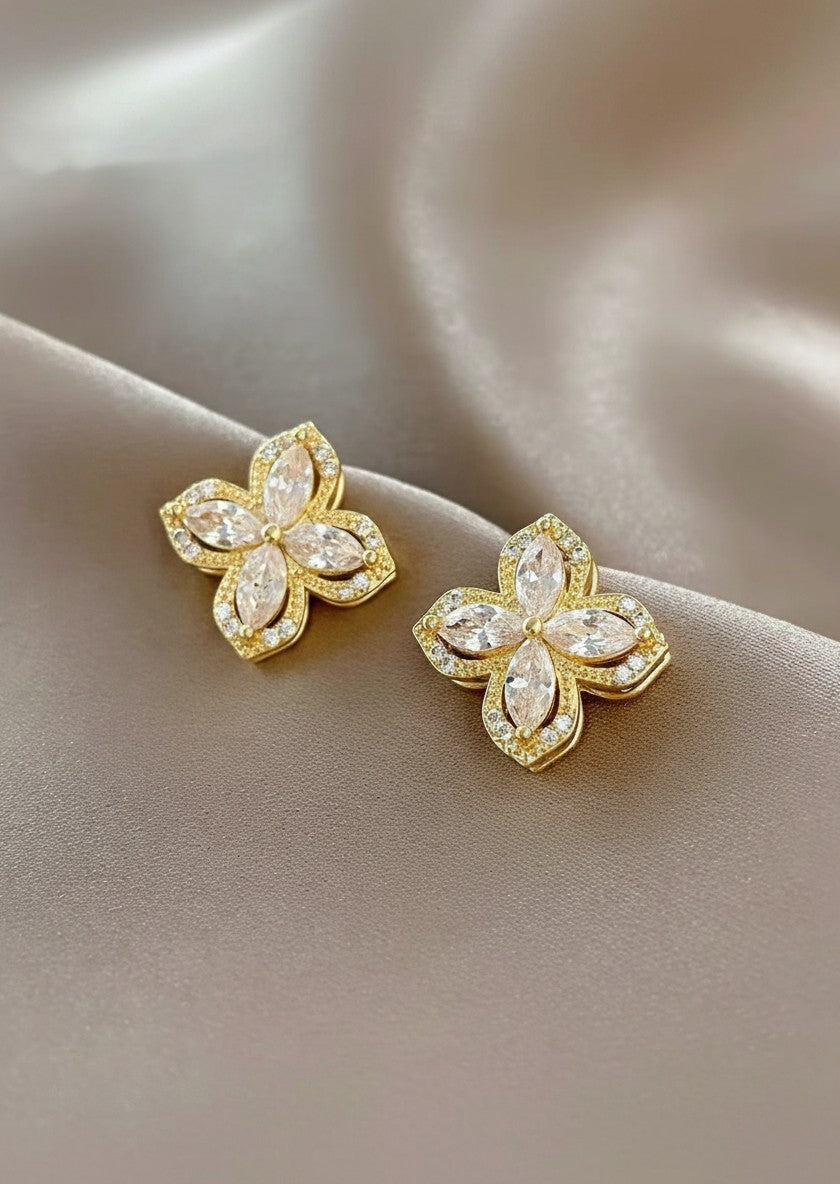 Mariposa Marquise Crystal Clover Stud Earrings | Gold Plated Pavé Floral Earring