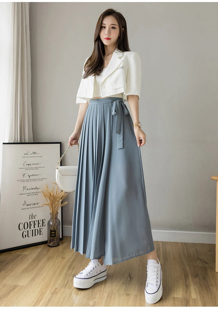 Spring Summer New Style Korean Women Pleated Chiffon Trousers High Waist Pants Hakama Casual Wide Leg Pantalone