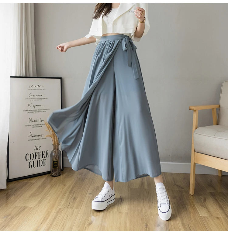 Spring Summer New Style Korean Women Pleated Chiffon Trousers High Waist Pants Hakama Casual Wide Leg Pantalone
